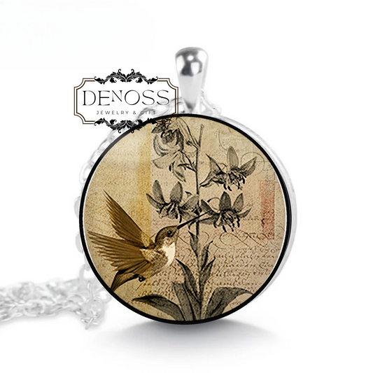 Hummingbird & Orchid Art Nouveau necklace,hummingbird jewelry,orchid jewelry bird,lover gift,bird lover necklace,nature gift