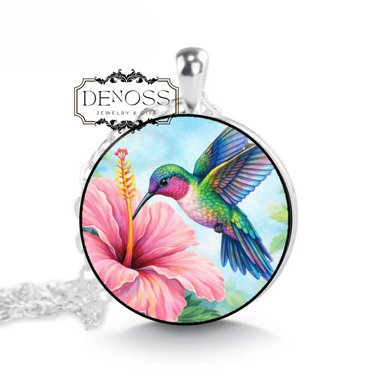 Hummingbird Hibiscus Pendant Necklace,Tropical Flower Jewelry