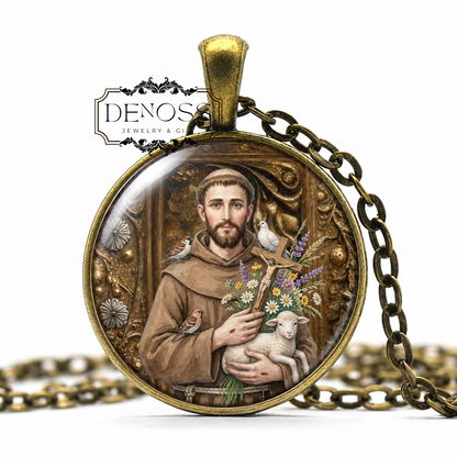 St. Francis Religious Necklace Round Pendant  Faith Jewelry