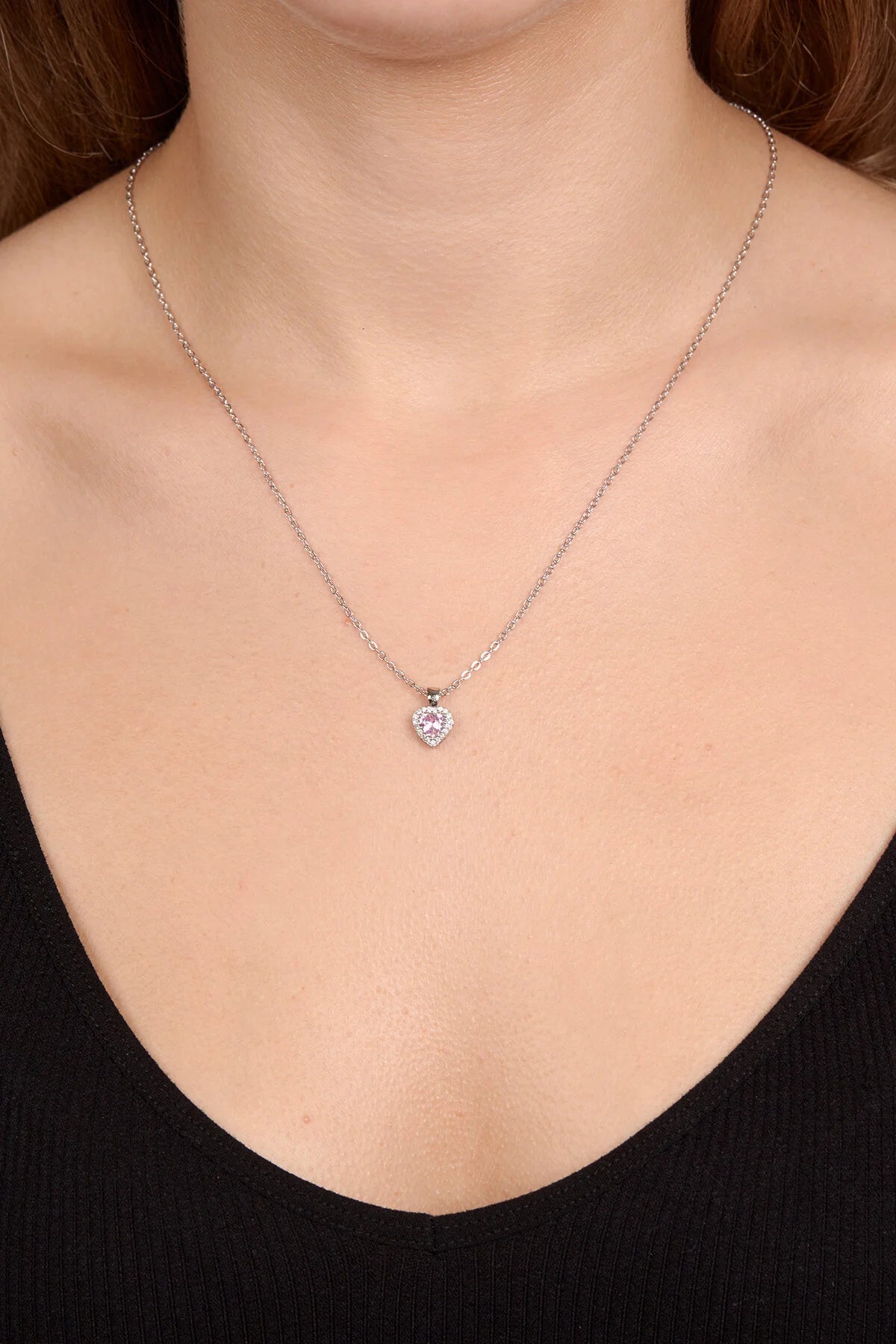 Silver Women's Pink Heart Stone Necklace