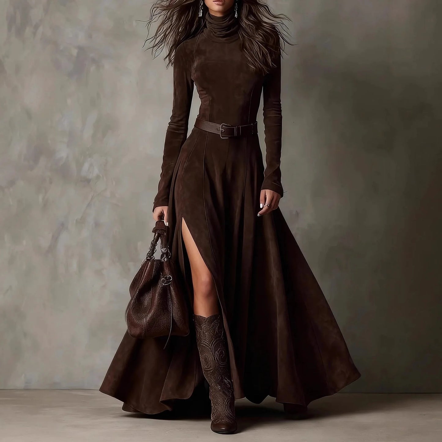 Elegant Coffee Long Sleeves Maxi Dress
