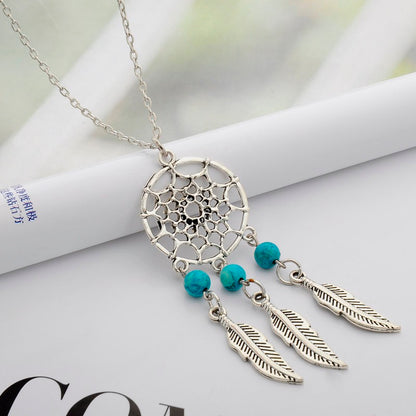 Boho Style Turquoise Beads and Feathers Silver Necklace