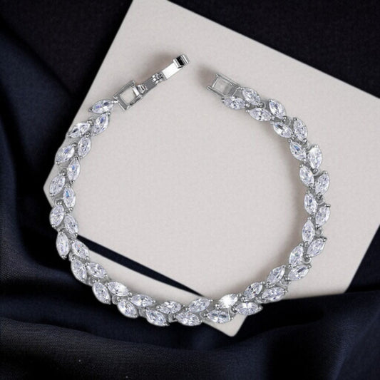 White Gold Platinum Crystal Leaf Ladies Bracelet