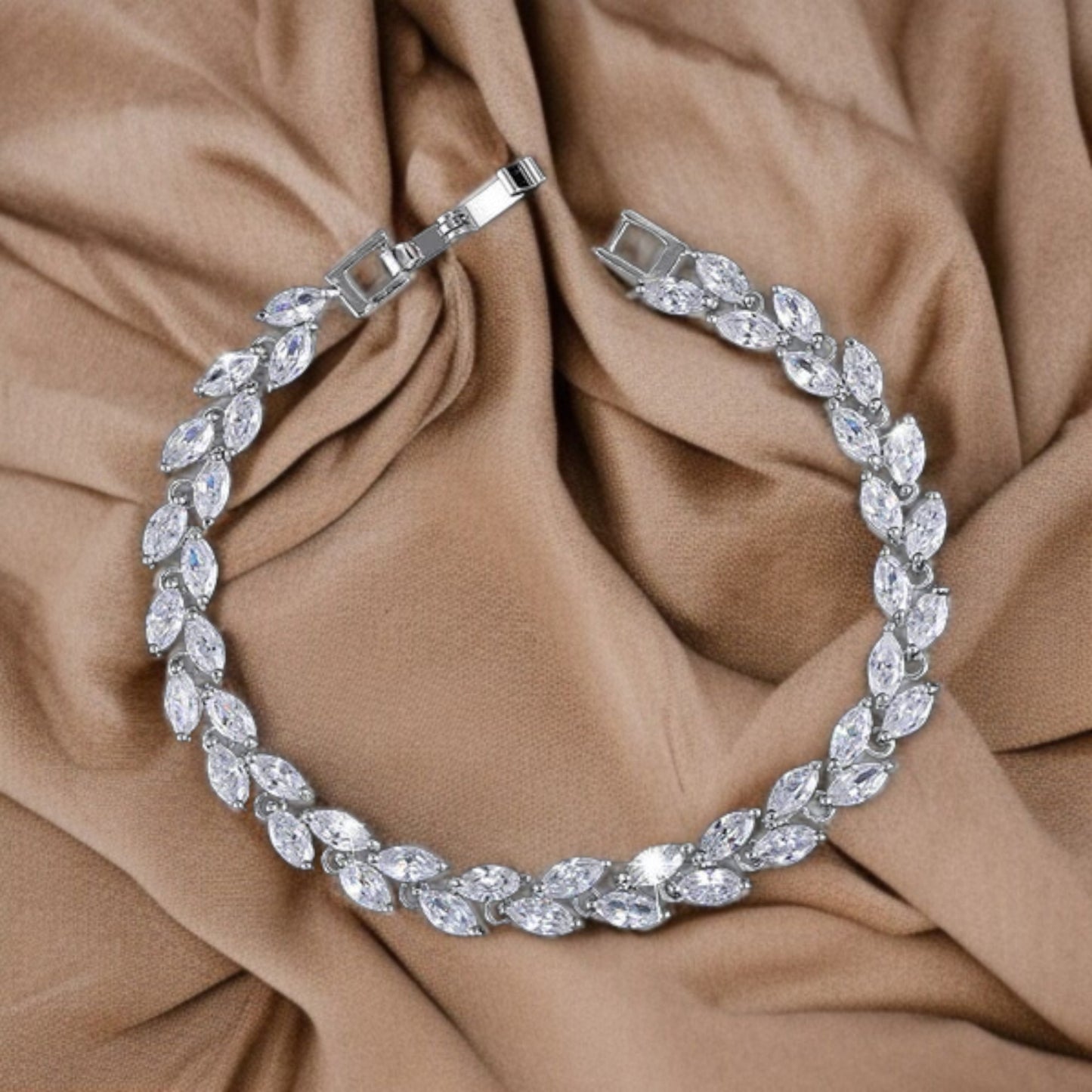 White Gold Platinum Crystal Leaf Ladies Bracelet