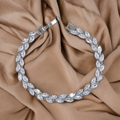White Gold Platinum Crystal Leaf Ladies Bracelet