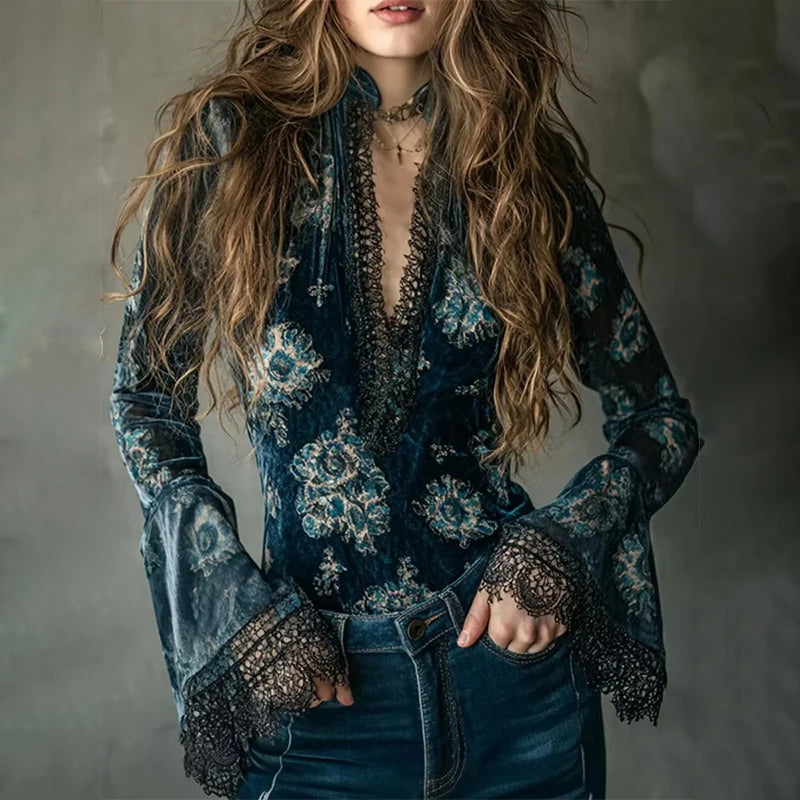 Floral Velvet V-Neck Gothic Blouse Top for Women
