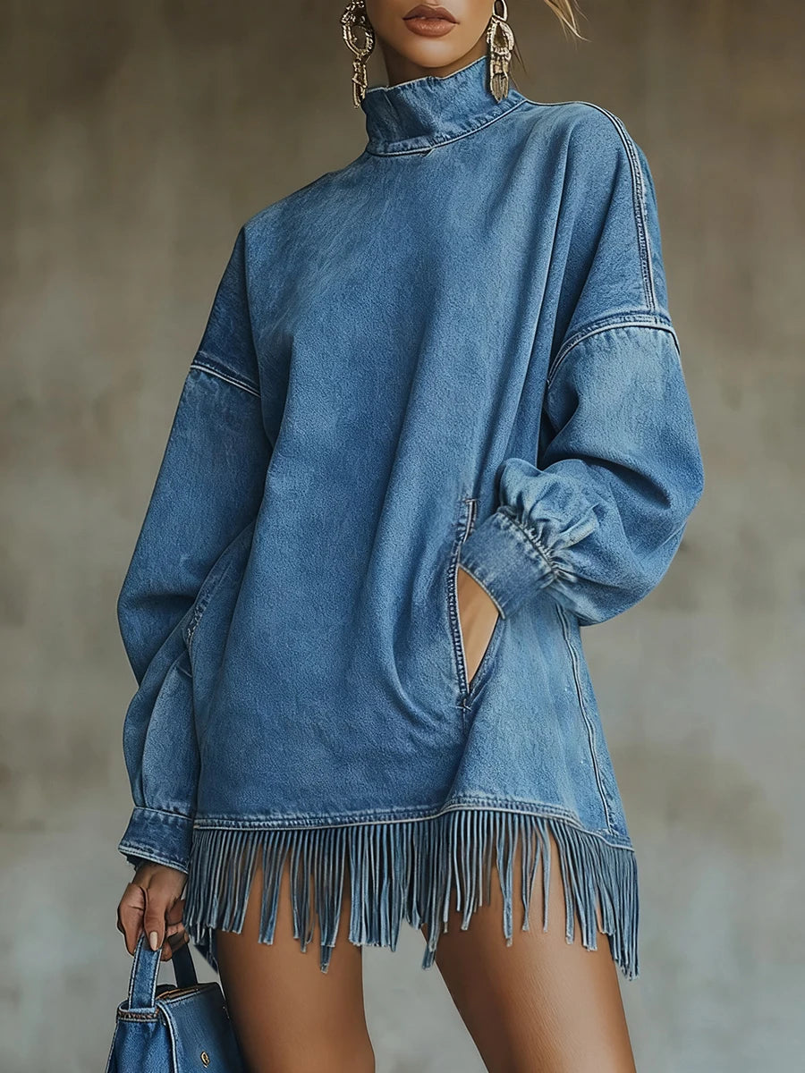 High Neck Denim Tassel Women Mini Dress - Denoss
