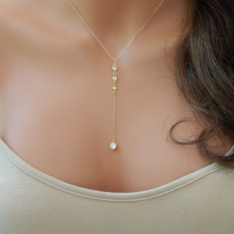 Silver CZ Lariat Necklace, Silver Y Necklace