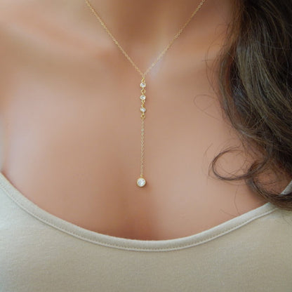 Silver CZ Lariat Necklace, Silver Y Necklace