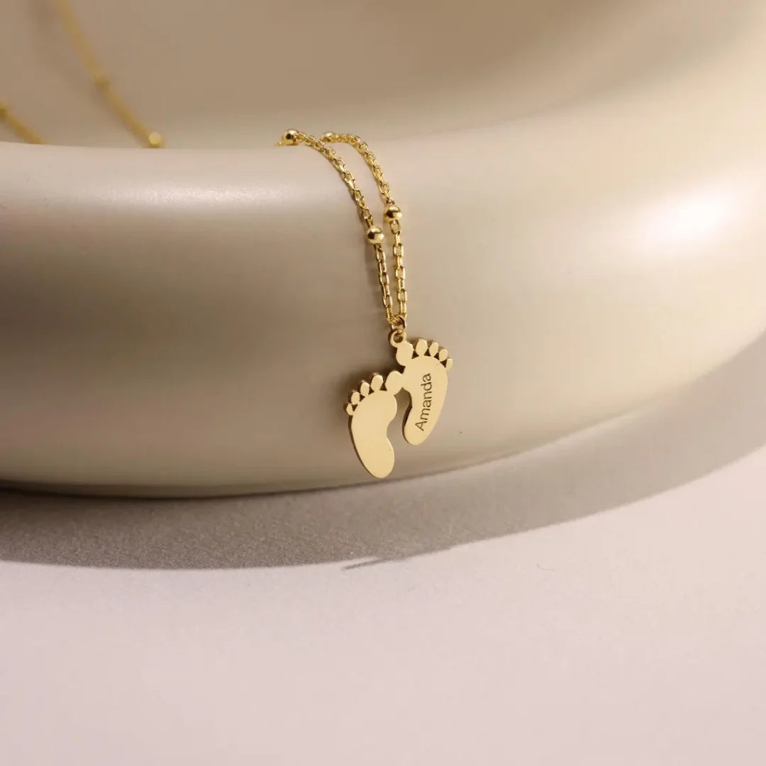 Custom Engraved Name Date Baby Feet Necklace,Kids Necklace,Women Necklace