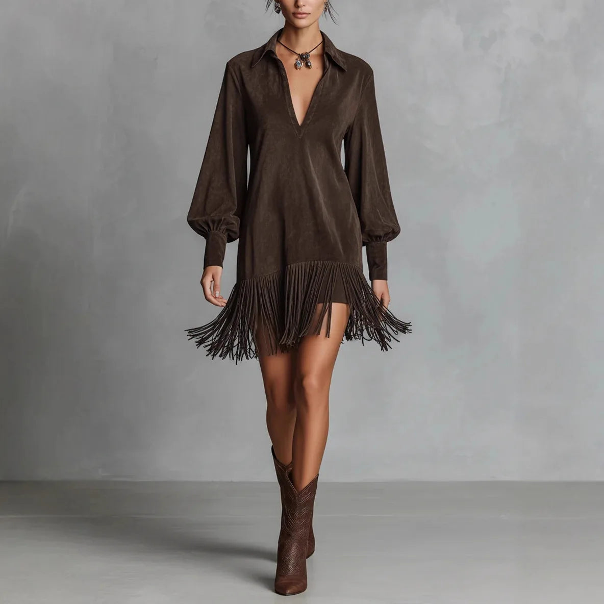 Coffee Suede Tassel Mini Dress