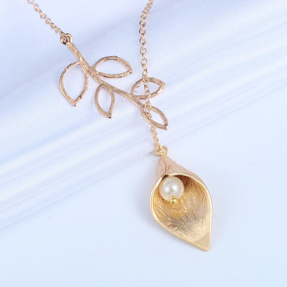 Calla Lily with Simulated Pearl Leaf Gold-Silver Necklace