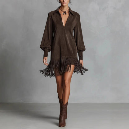 Coffee Suede Tassel Mini Dress