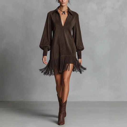 Coffee Suede Tassel Mini Dress