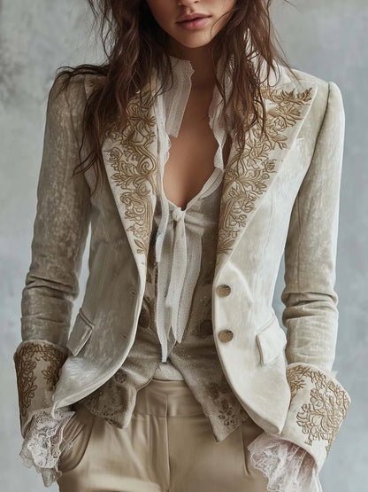 Gold Velvet Floral Print Bell Sleeve Jacket