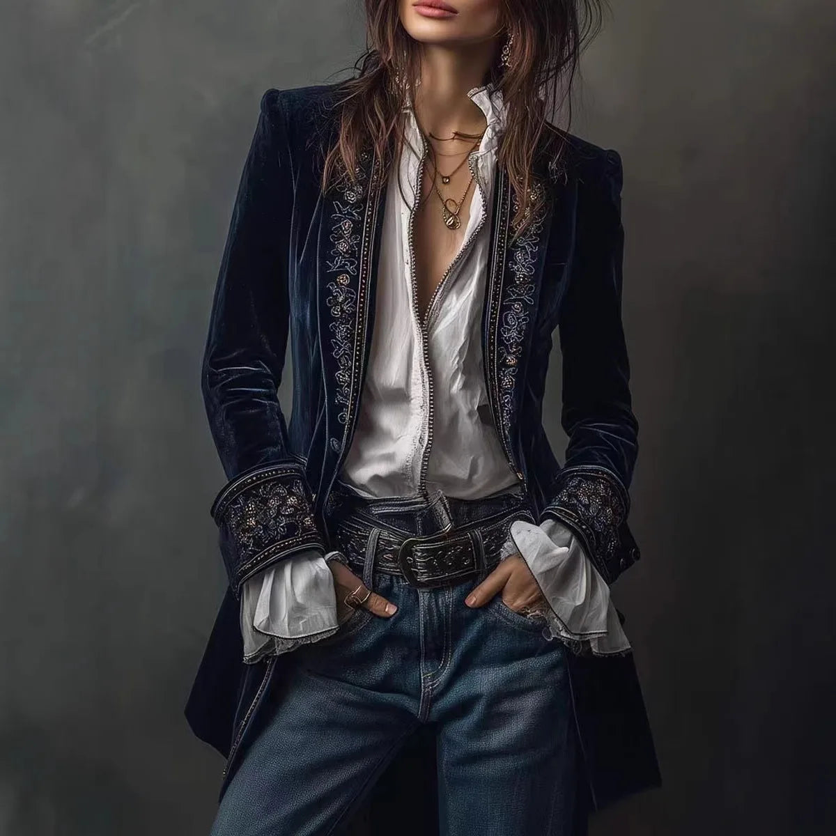 Navy Lace Velvet Women's Jacket For Spring Summer