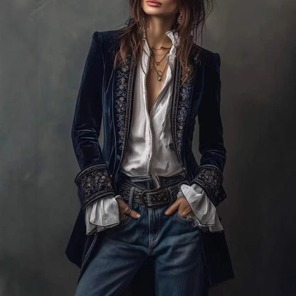 Navy Lace Velvet Women's Jacket For Spring Summer