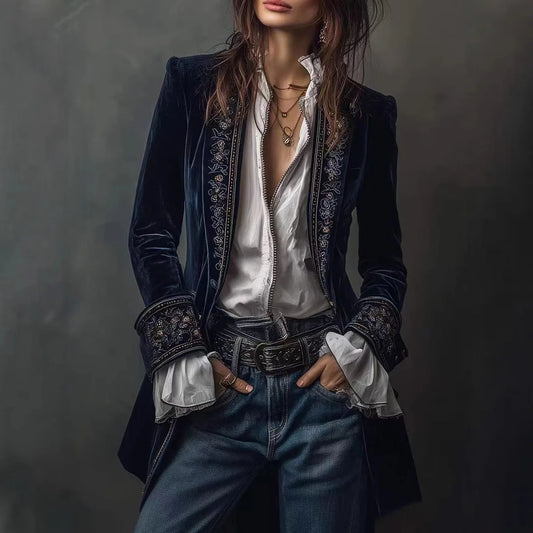 Navy Lace Velvet Women's Jacket For Spring Summer