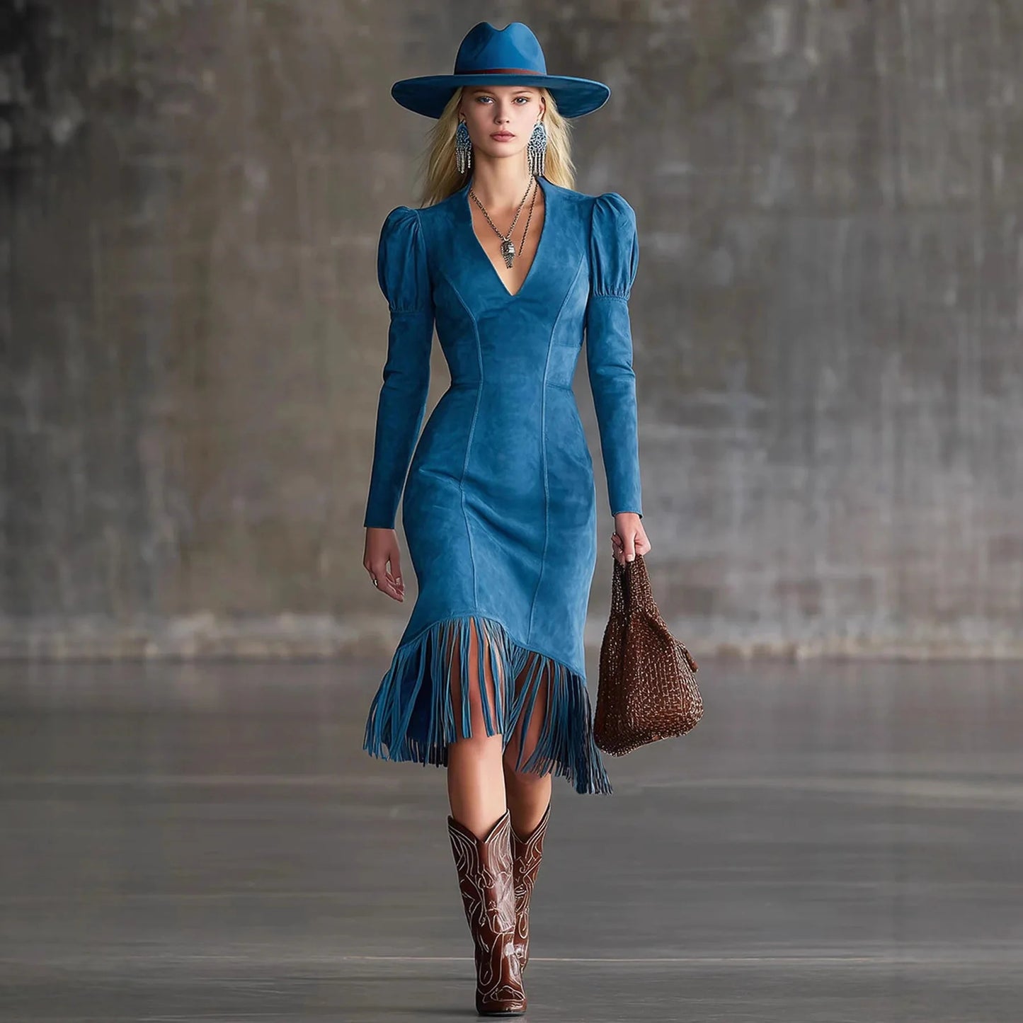 V-neck Puff Sleeve Retro Tassel Dress - Denoss
