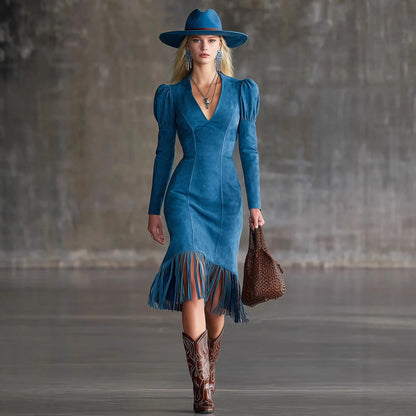V-neck Puff Sleeve Retro Tassel Dress - Denoss