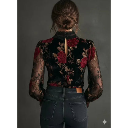 Gold Velvet Lace Patchwork V-Nec Pullover