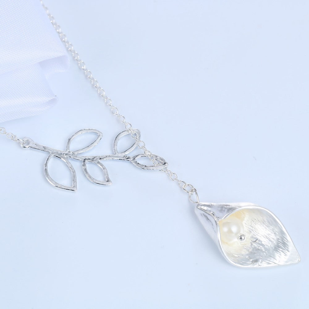 Calla Lily with Simulated Pearl Leaf Gold-Silver Necklace