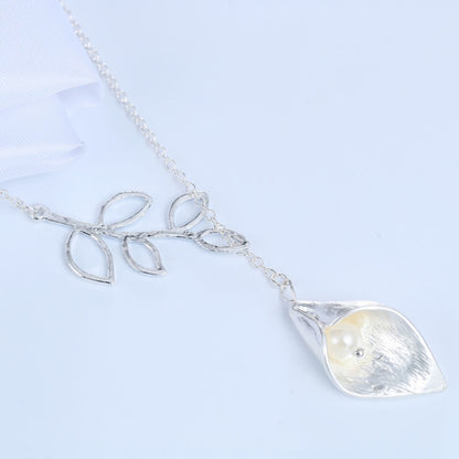 Calla Lily with Simulated Pearl Leaf Gold-Silver Necklace