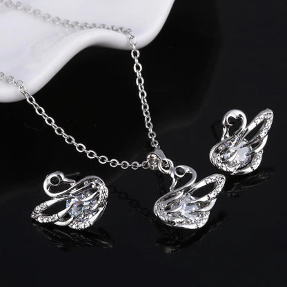 Silver and white crystal stone romantic swan women’s jewelry set