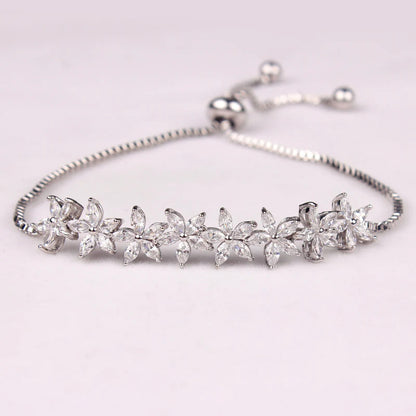 White Gold Platinum Sparkling Crystal Flower Design Bracelet