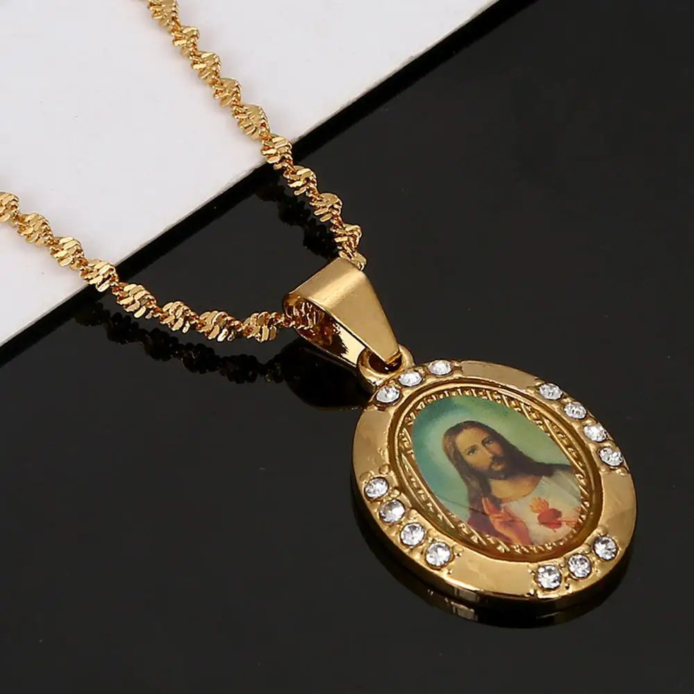 Gold Zircon Jesus Portrait Pendant Necklace,Christian Necklace