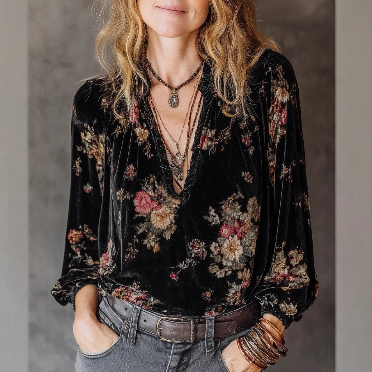 Velvet Printed Retro Pullover Top