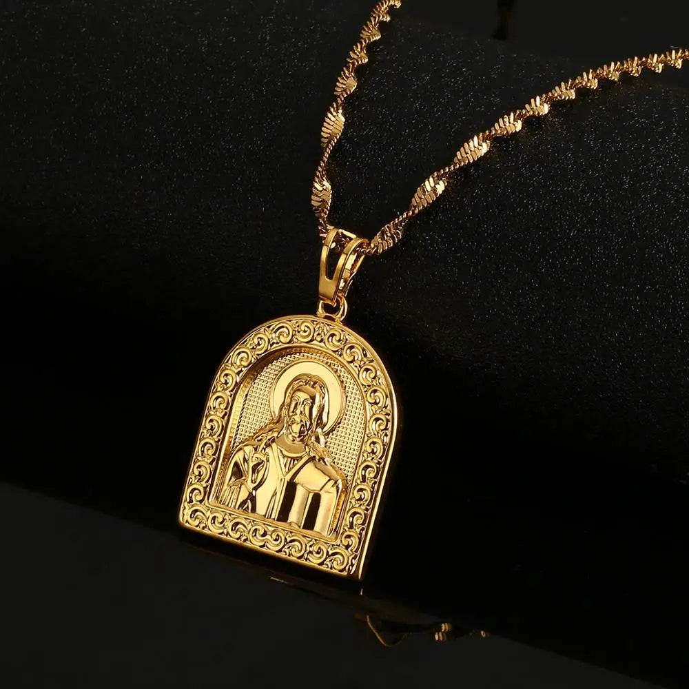 Gold Color Jesus Portrait Pendant Necklace,Christian Necklace