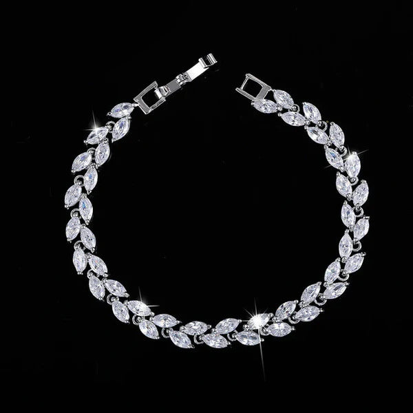 White Gold Platinum Crystal Leaf Ladies Bracelet