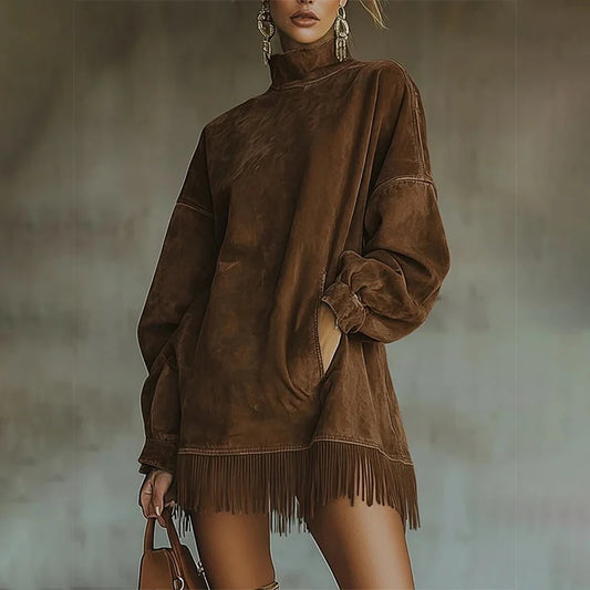 High Neck Brown Suede Tassel Women Mini Dress
