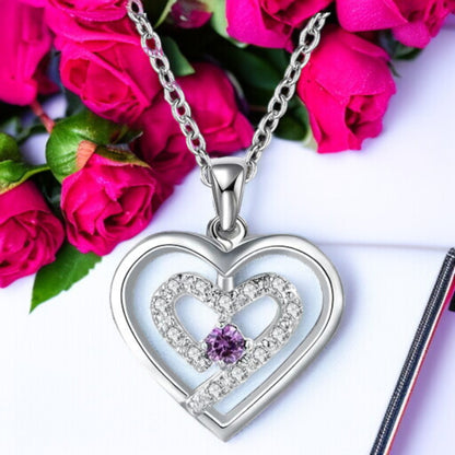 Diamond Double Heart Silver Necklace