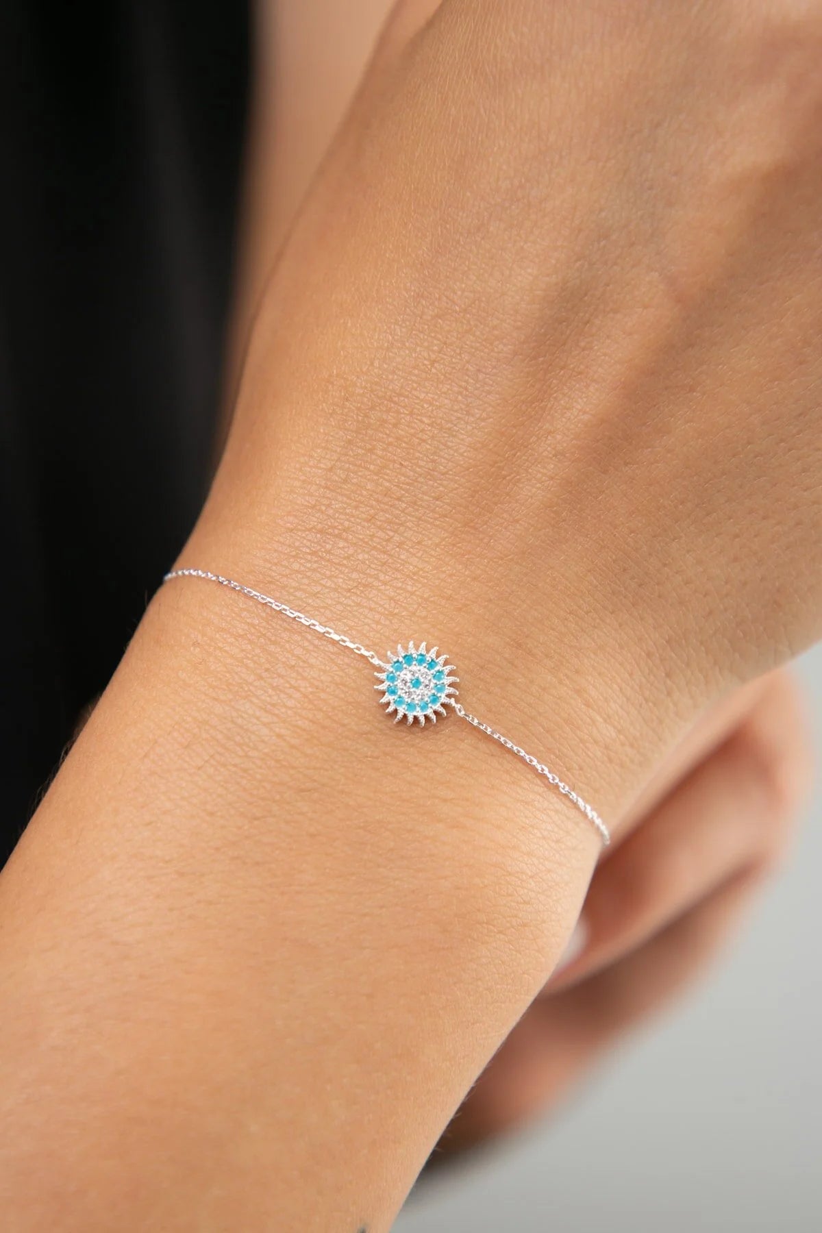 925 Sterling Silver Rhodium Plated Turquoise Sun Bracelet