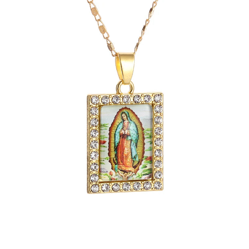 Gold Zircon Virgin Mary Pendant Necklace,Christian Necklace