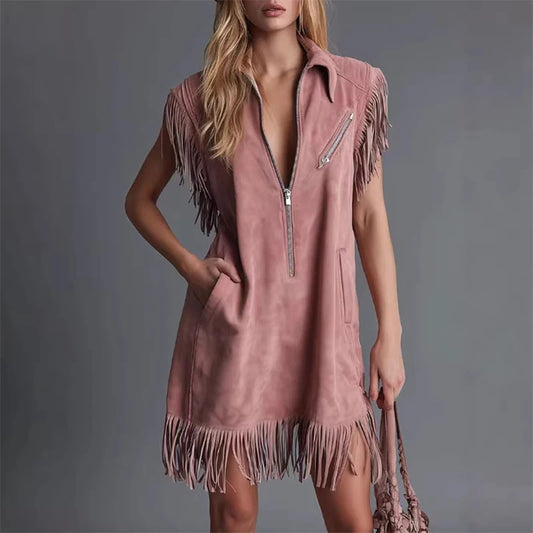 Pink Suede Retro Tassel Sleeveless Dress