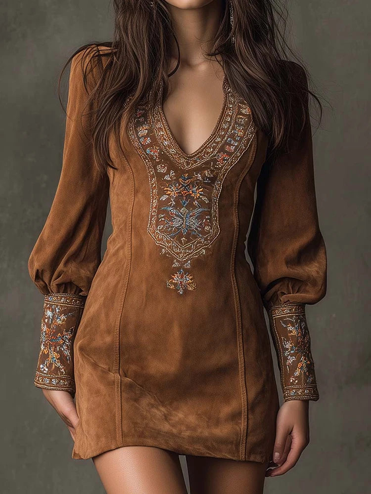 Long Sleeve Embroidery V Neck Dress - Denoss
