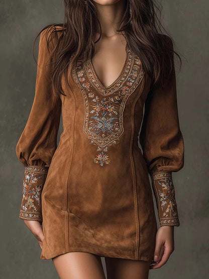 Long Sleeve Embroidery V Neck Dress - Denoss