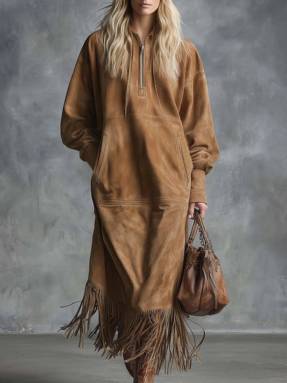 Suede Tassel Long Sleeved Dress - Denoss