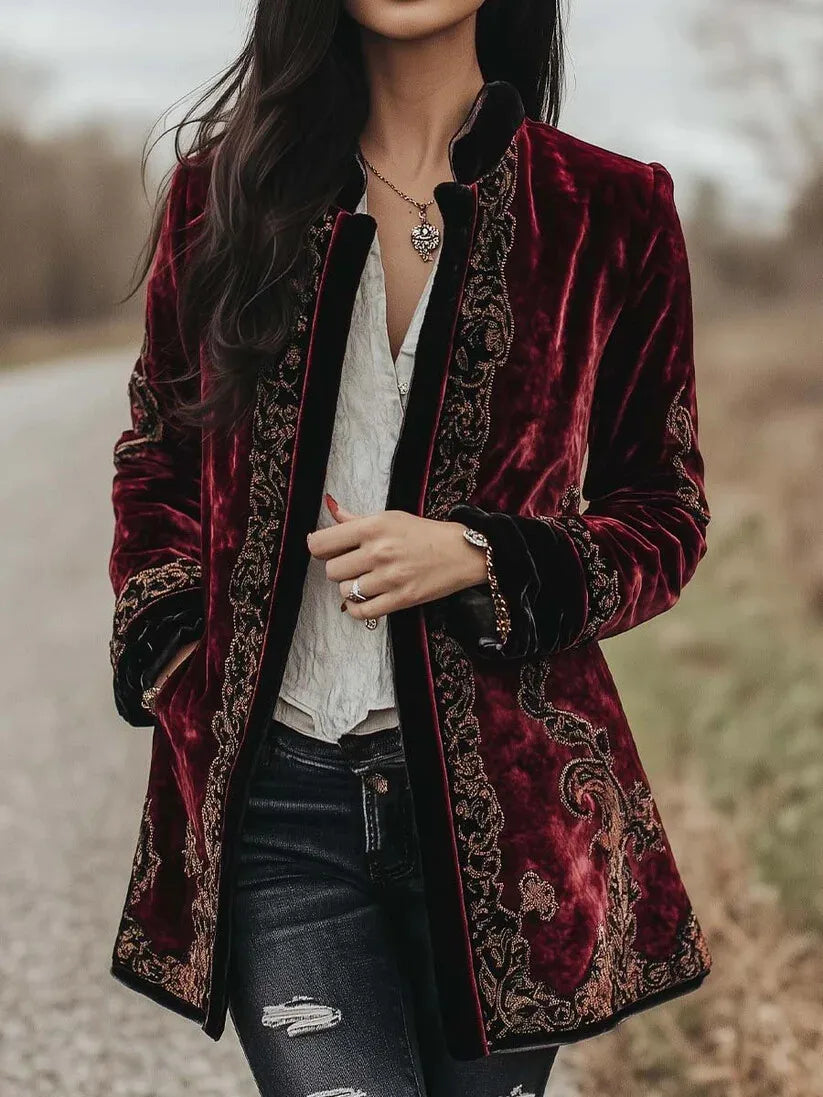 Elegant Floral Velvet Burgundy Jacket for Women