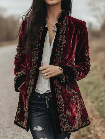 Elegant Floral Velvet Burgundy Jacket for Women
