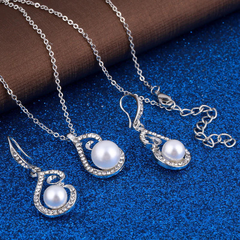Silver white simulated pearl romantic design womens jewelry set