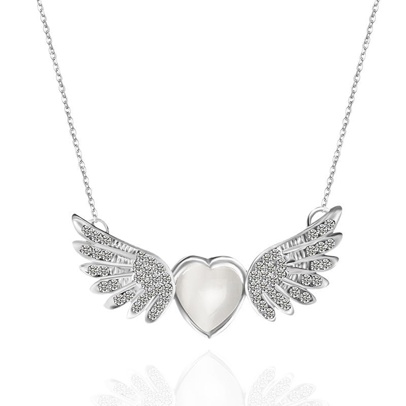Silver Rhinestone Angle Wing with Heart Pendant Chain Necklace