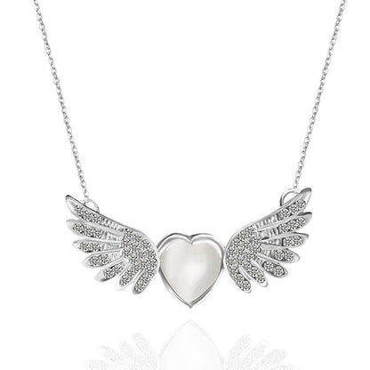 Silver Rhinestone Angle Wing with Heart Pendant Chain Necklace