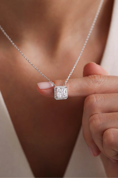 925 Sterling Silver White Square Solitaire Necklace