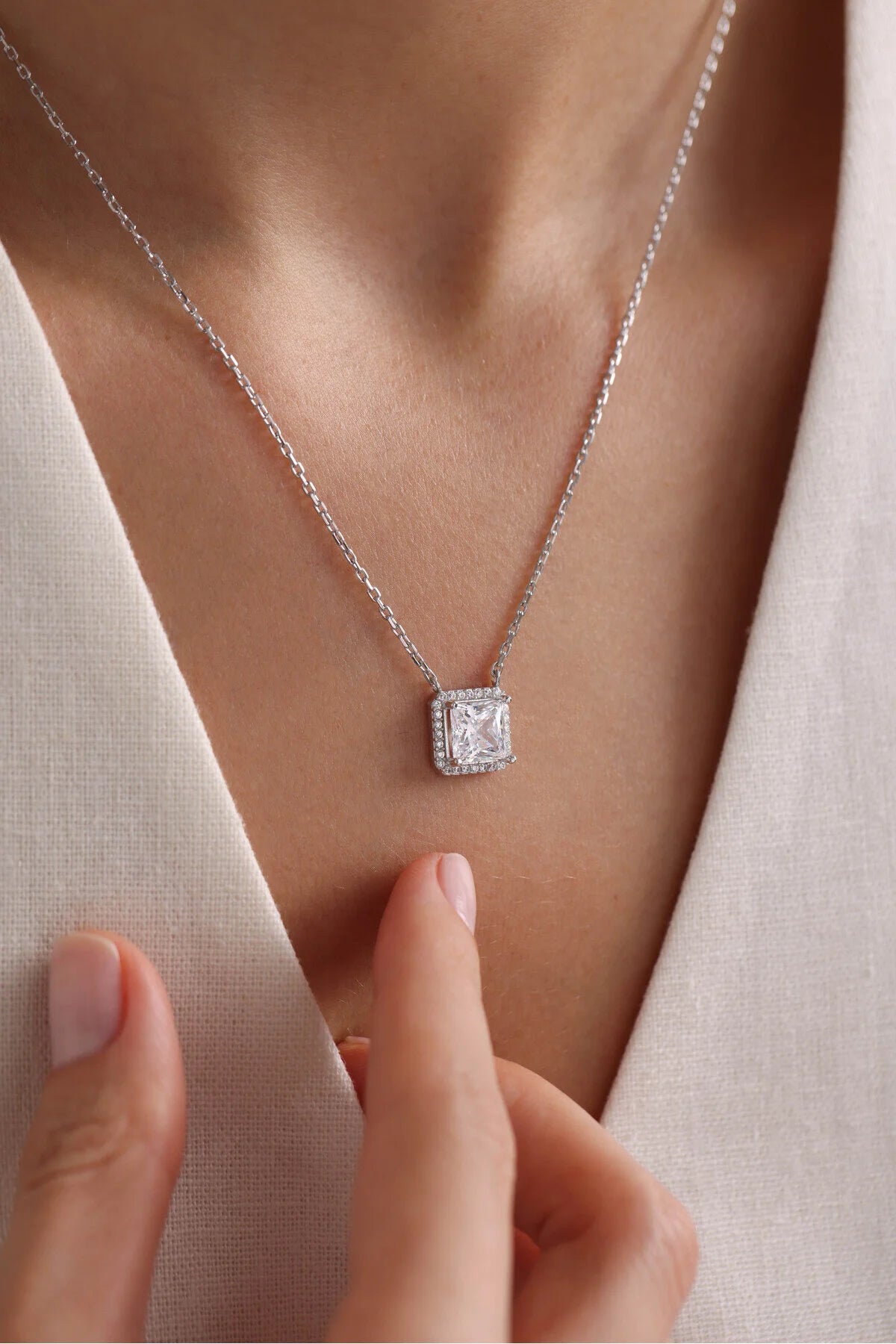 925 Sterling Silver White Square Solitaire Necklace