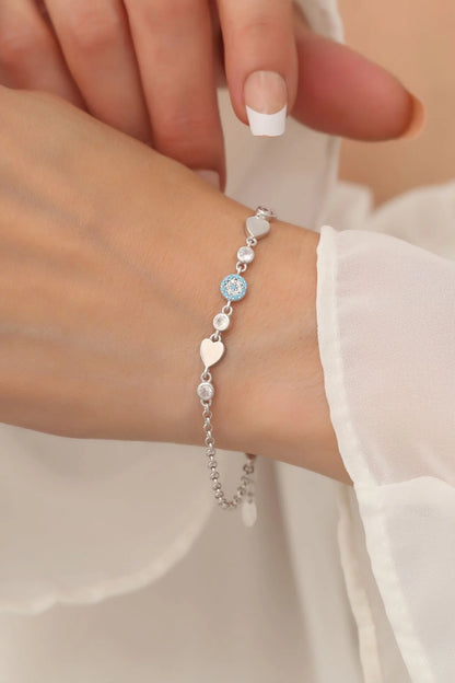 Evil Eye and Heart Silver Bracelet