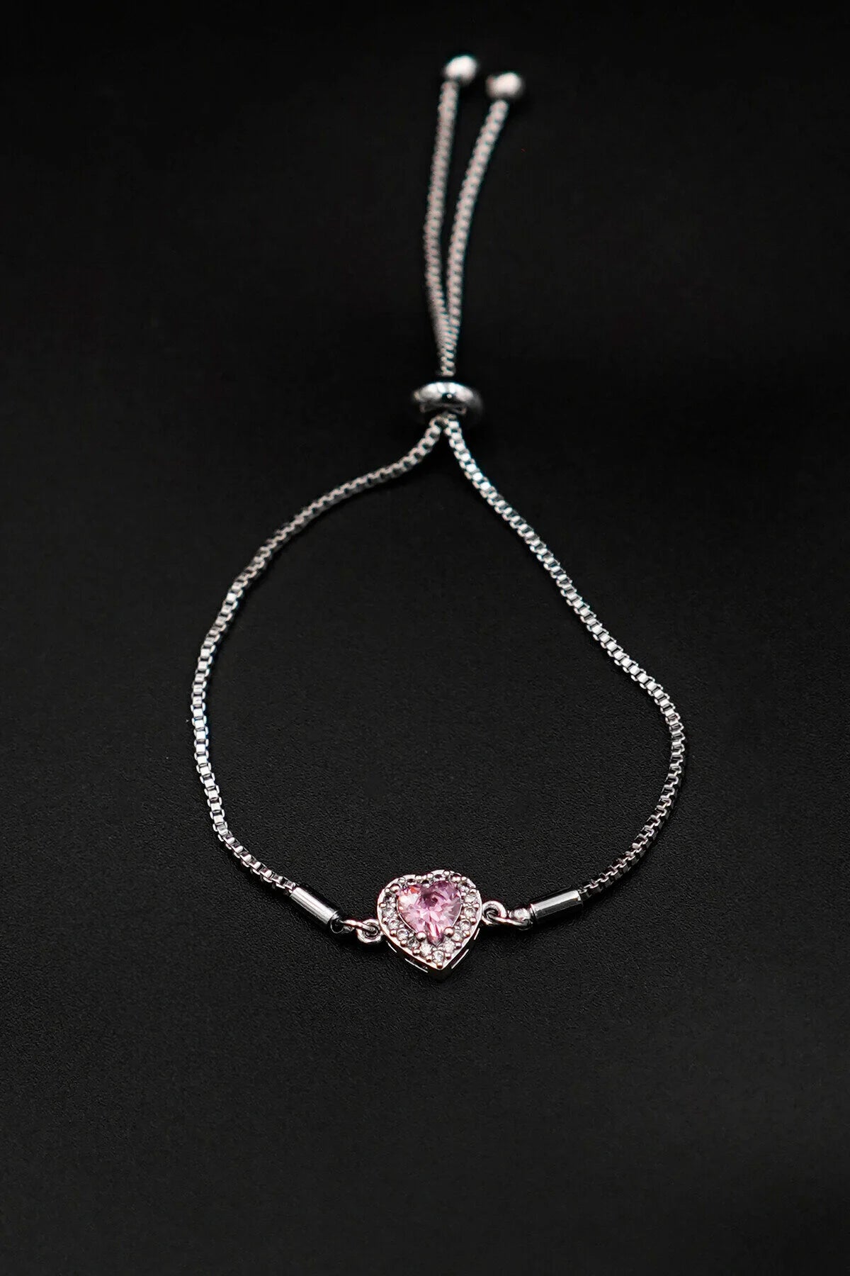Zircon Stone Heart Silver Adjustable Bracelet